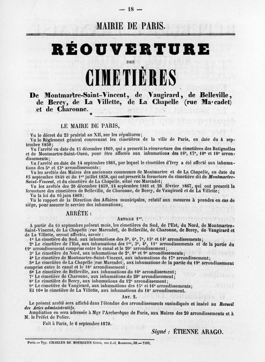 Reouverture des Cimetieres ، من الملصقات السياسية الفرنسية لكومونة باريس ، مايو ١٨٧١ بواسطة غير معروف