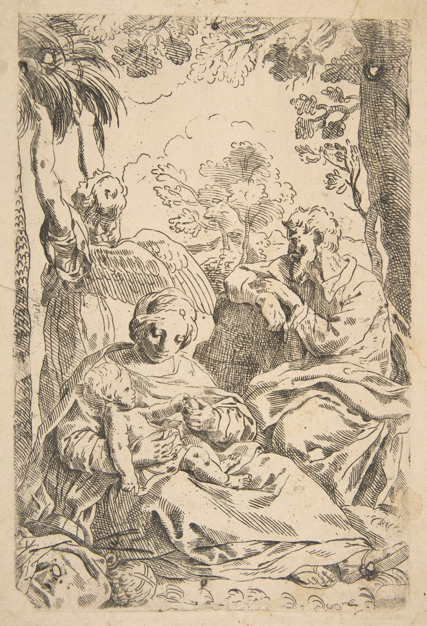 استرح في مصر ، العائلة المقدسة جالسة بينما ملاك يسحب غصن الشجرة ... ، كاليفورنيا. 1637-1639 أو بعد ذلك. بواسطة غير معروف