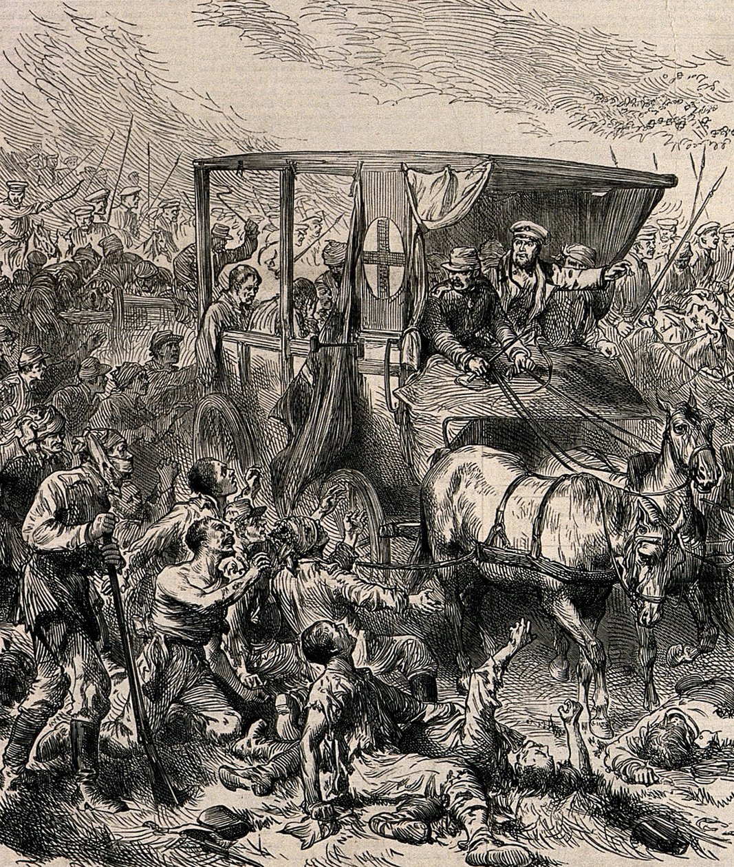 إنقاذ الجنود الروس الجرحى من ساحة المعركة ، حوالي عام 1878 بواسطة غير معروف