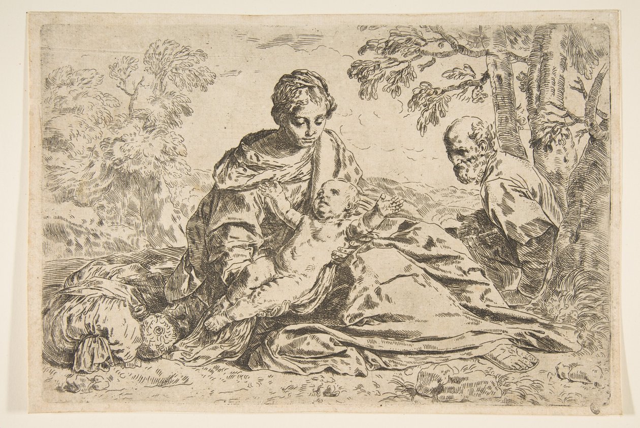 استرح على متن الرحلة إلى مصر ، مريم تحمل الطفل المسيح مع القديس يوسف ... ، حوالي 1640 أو بعد ذلك. بواسطة غير معروف