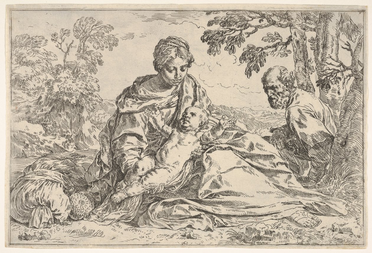 استرح على متن الرحلة إلى مصر ، مريم تحمل الطفل المسيح مع القديس يوسف ... ، كاليفورنيا. 1640 أو بعد ذلك. بواسطة غير معروف