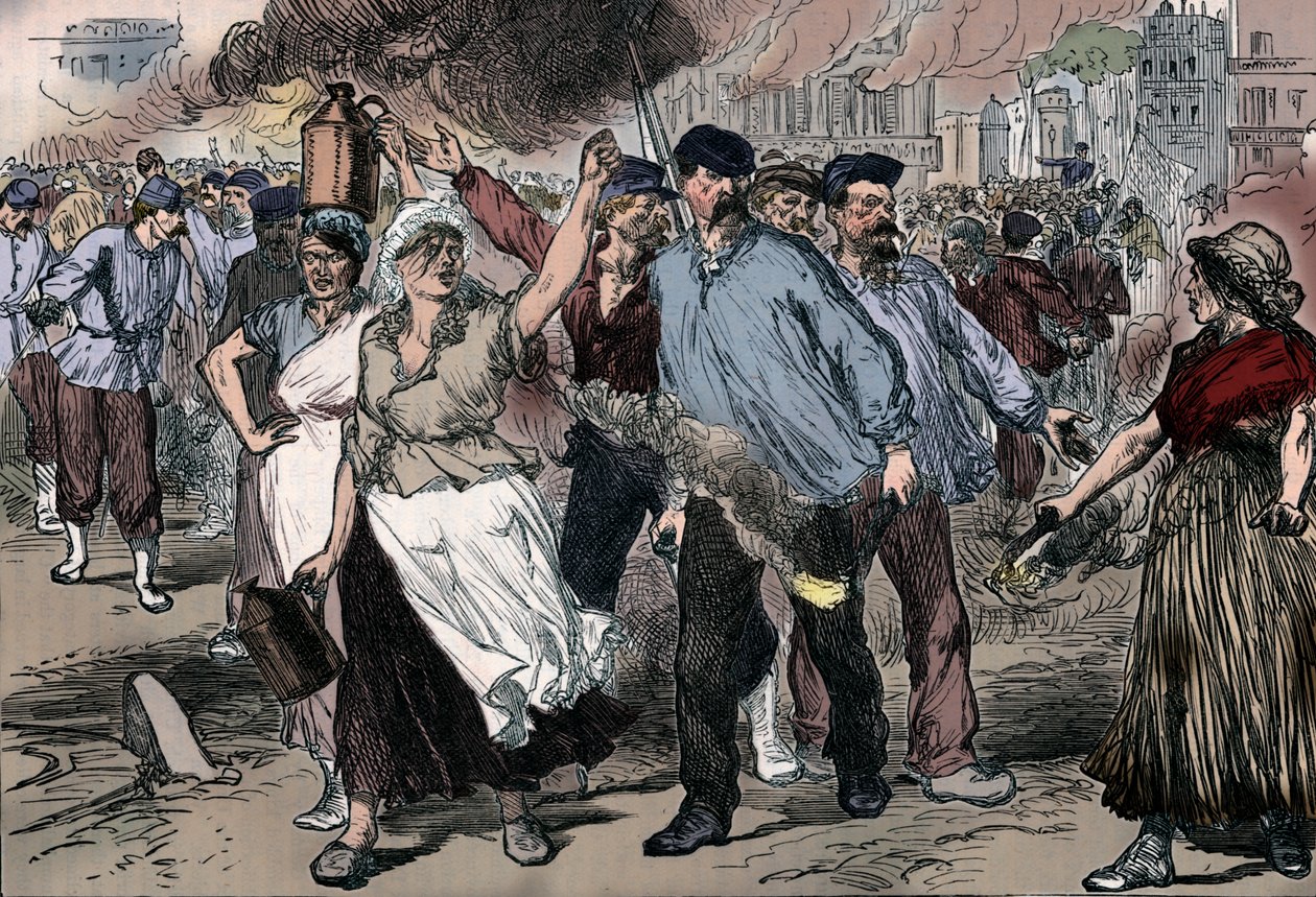 مثيري الشغب والوقودات يقومون بإطلاق المباني العامة في باريس خلال كومونة باريس ، 1871 1906 بواسطة غير معروف