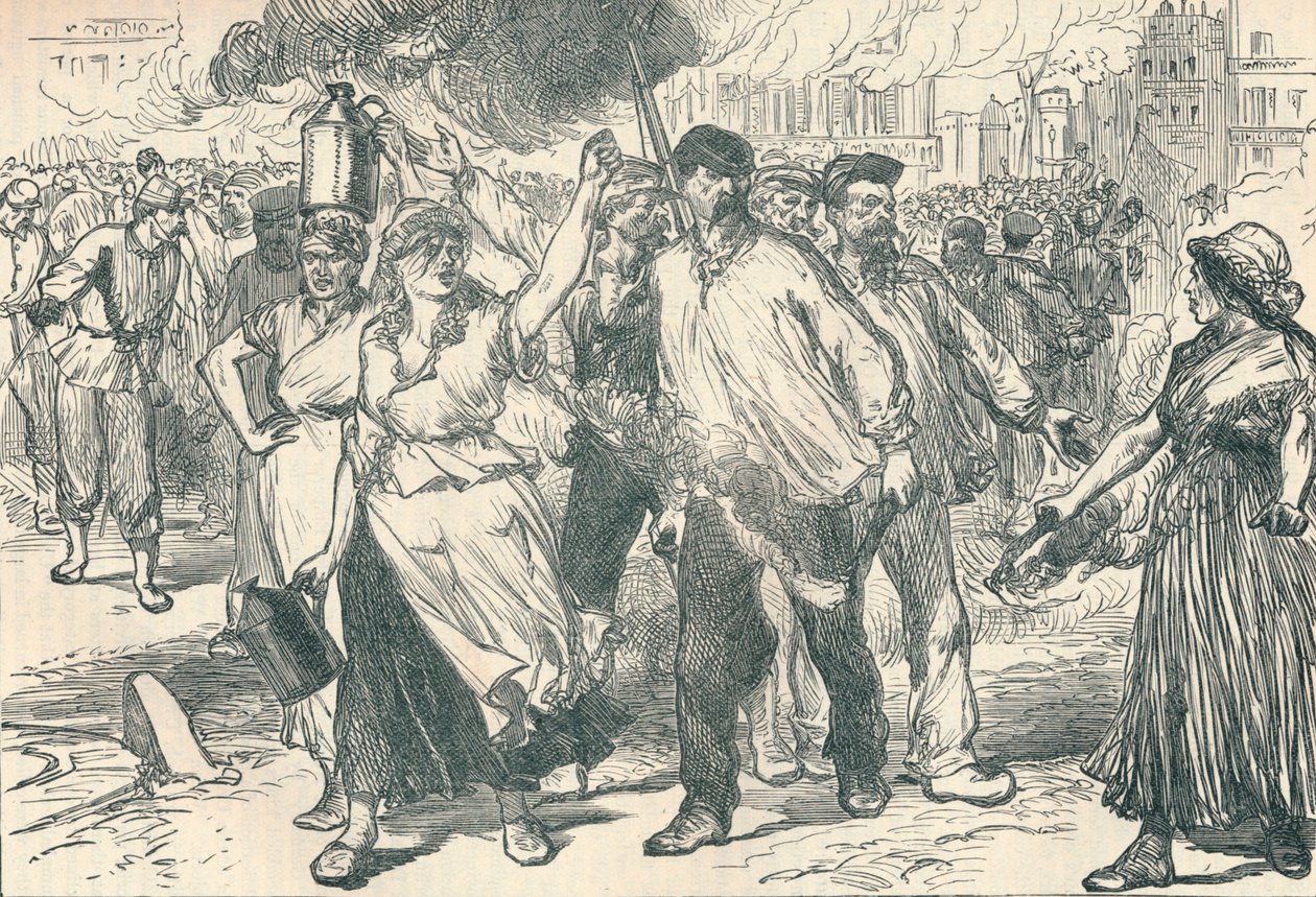 مثيري الشغب والوقودات يقومون بإطلاق المباني العامة في باريس خلال كومونة باريس ، 1871 1906 بواسطة غير معروف