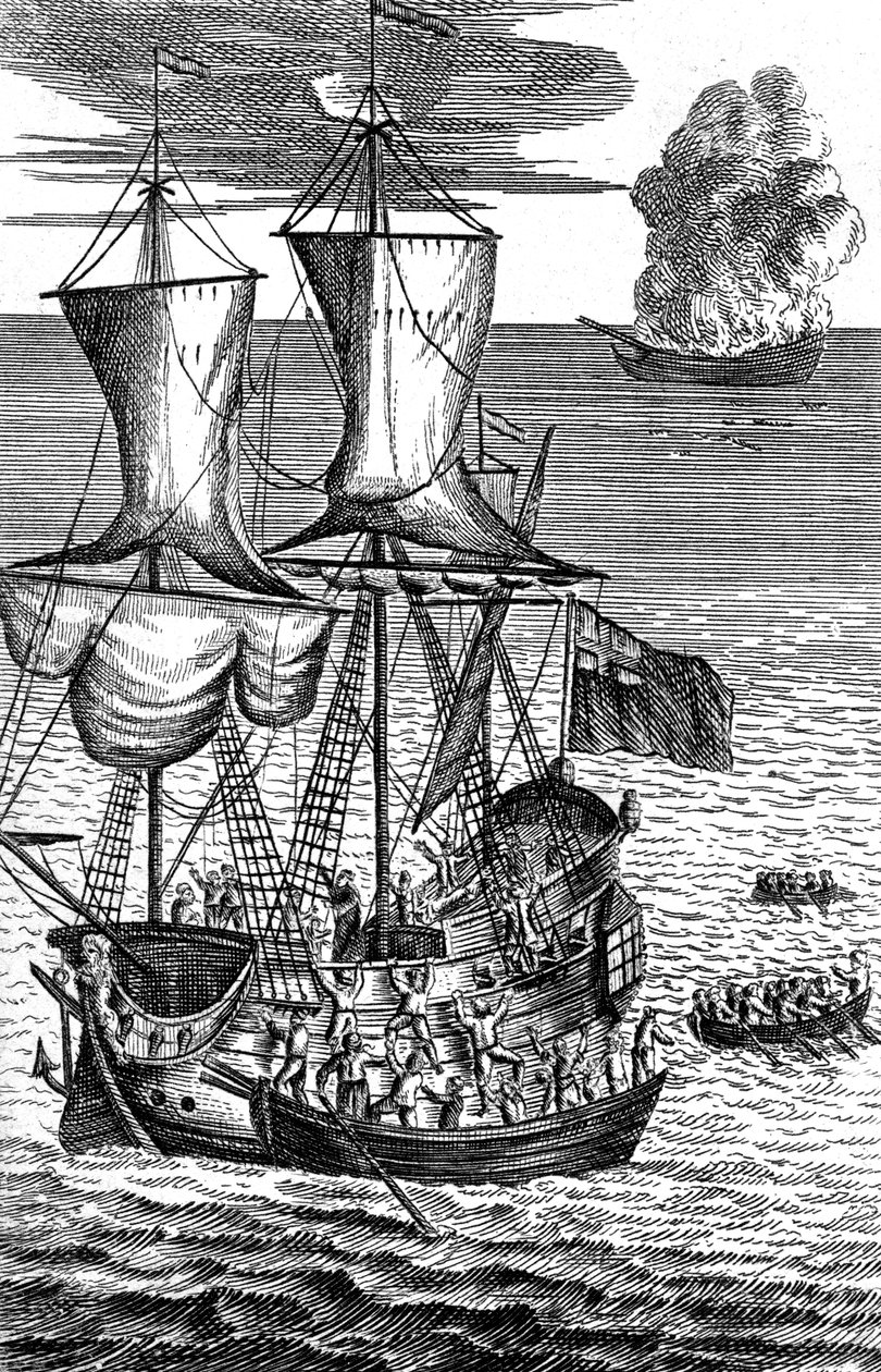 روبنسون كروزو ينقذ طاقم سفينة مشتعلة في البحر ، c1719 بواسطة غير معروف