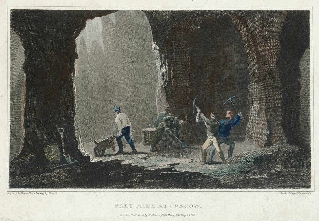 ملح الصخور: عمال المناجم في العمل في منجم الملح بالقرب من كراكوف ، بولندا ، c1820 بواسطة غير معروف