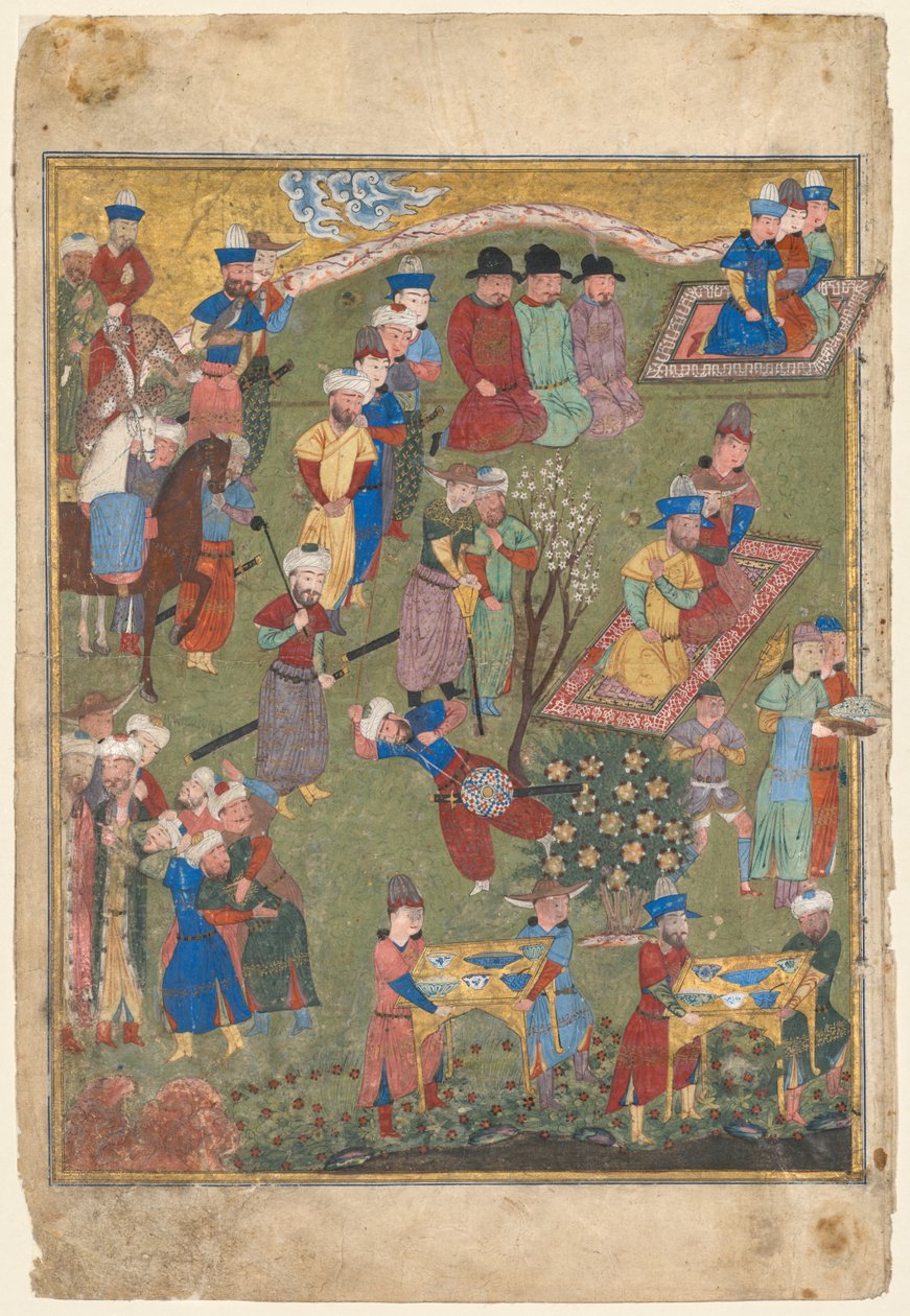 العيد الملكي في حديقة مستقيمة من واجهة صفحة مزدوجة من Shahnama ... ، 1444. بواسطة غير معروف