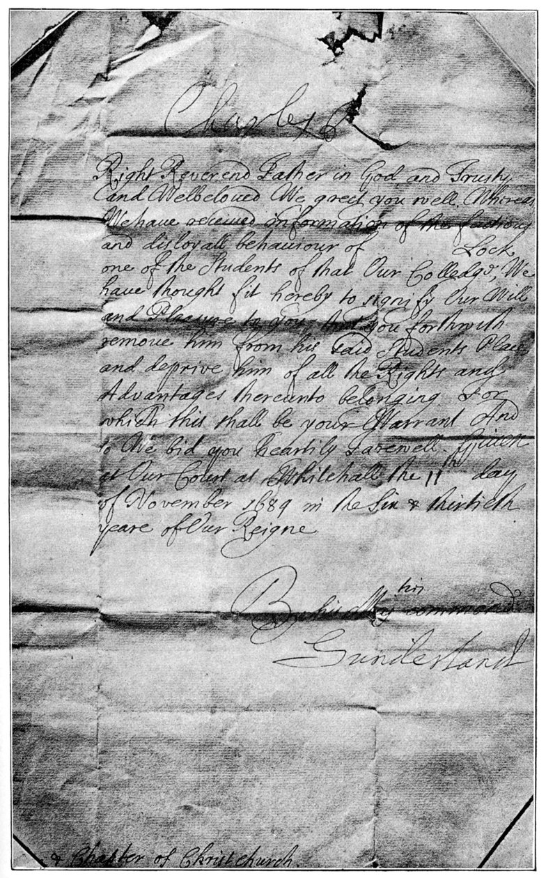 الانتداب الملكي لمحو اسم لوك من طلاب كنيسة المسيح ، أكسفورد ، 1684 ، 1894 بواسطة غير معروف