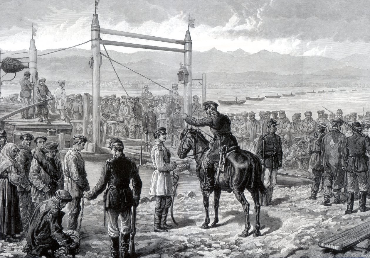 المدانون الروس تحت حراسة عسكرية في انتظار نقلهم عبر نهر ينيسي ، سيبيريا ، 1882 بواسطة غير معروف