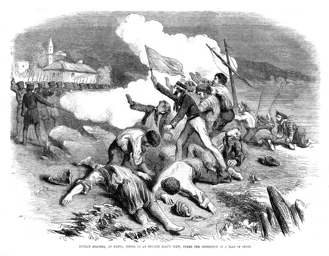 جنود روس يطلقون النار على طاقم قوارب إنجليزية ، تحت حماية علم الهدنة ، 1855 بواسطة غير معروف