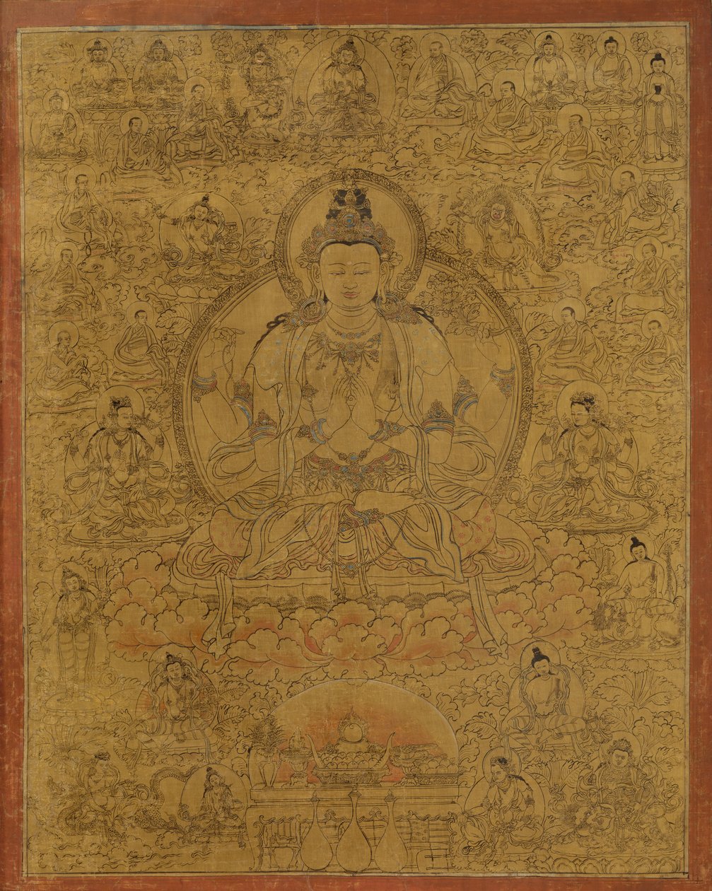 Sadaksari-Lokeshvara محاطة بالمظاهر والرهبان ، أواخر القرن الخامس عشر. بواسطة غير معروف