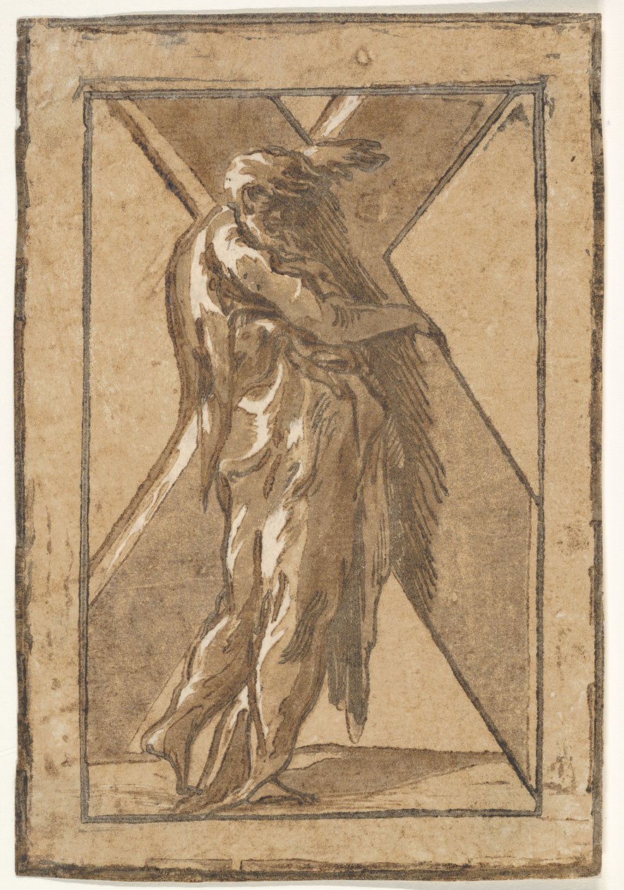 يقف القديس أندرو في ملف التعريف حاملاً صليبًا كبيرًا من سلسلة من Twelve Apo ...، ca. 1540-50. بواسطة غير معروف