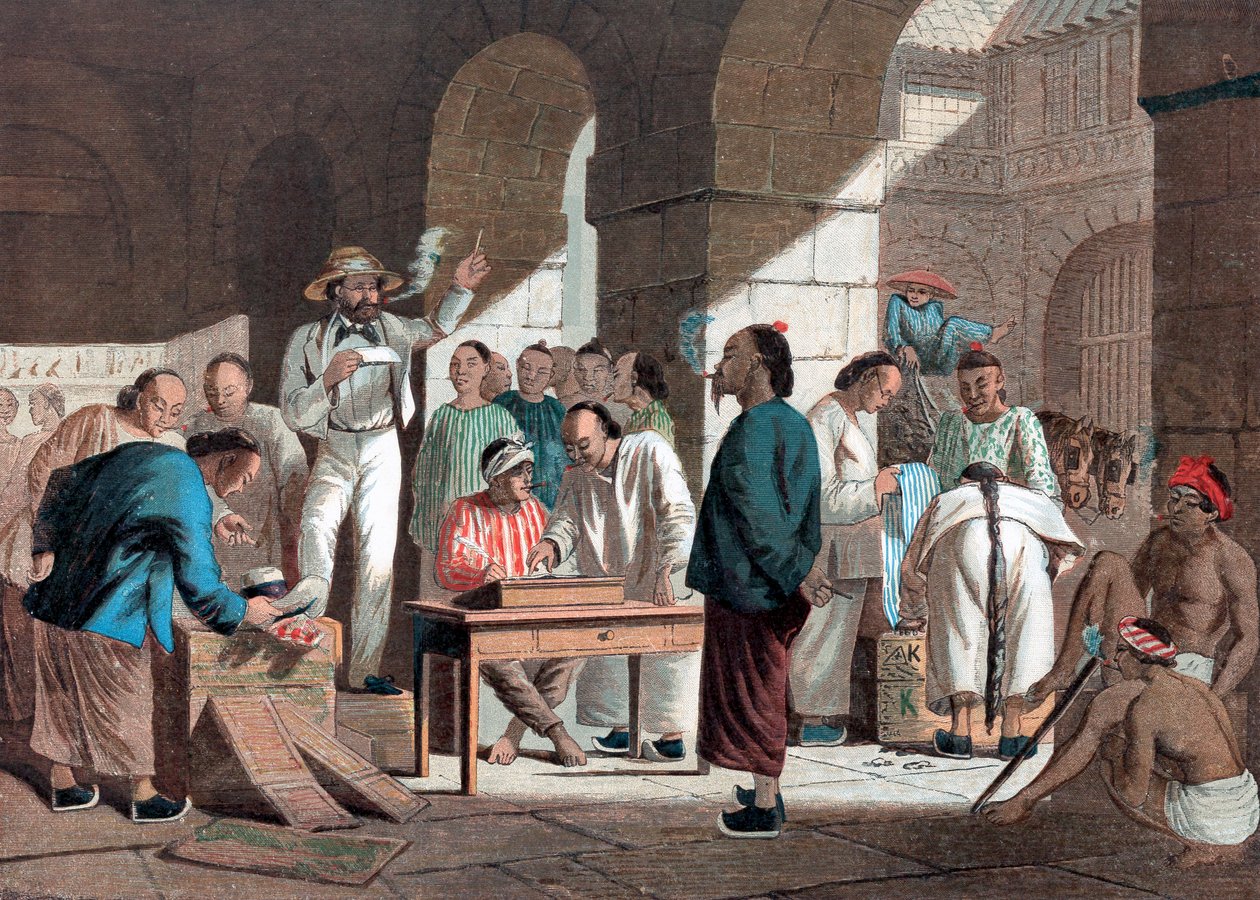بيع السلع الإنجليزية في كانتون ، 1858 بواسطة غير معروف