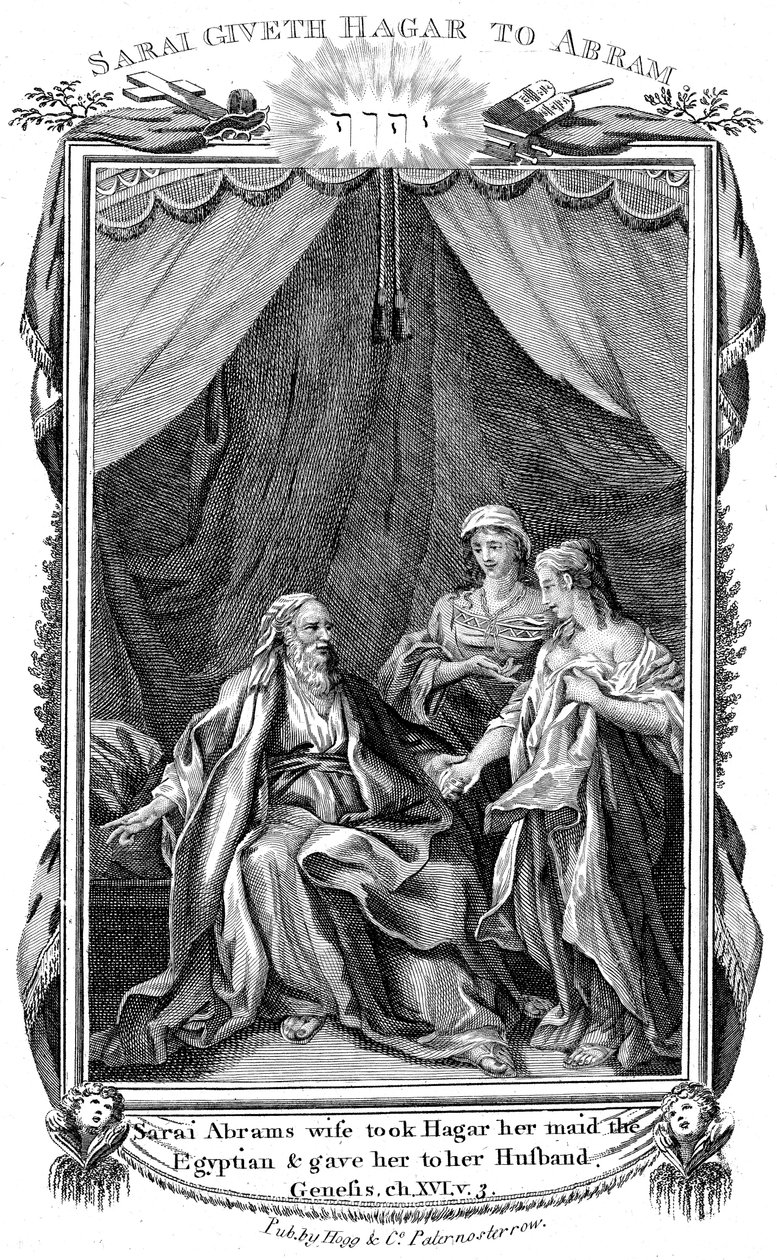 سارة ، زوجة إبراهيم ، كونها قاحلة ، تقدم هاجر لخادمة زوجها ، c1804 بواسطة غير معروف