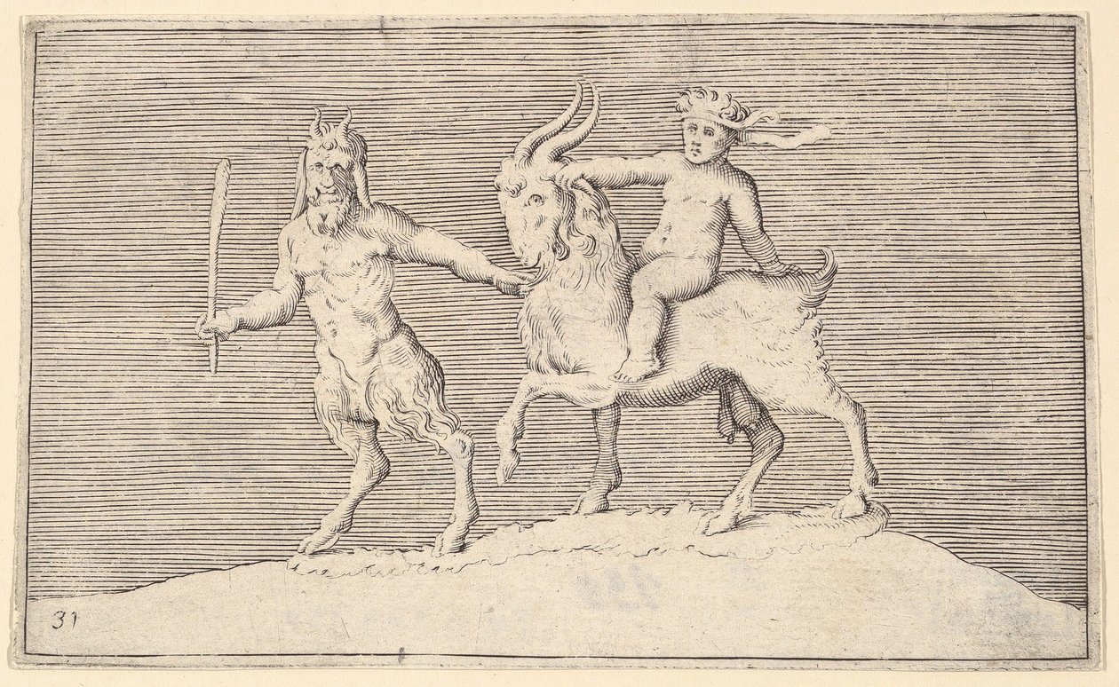 الماعز الرائد Satyr الذي يركب عليه الرضيع ، تم نشره تقريبًا. 1599-1622. بواسطة غير معروف