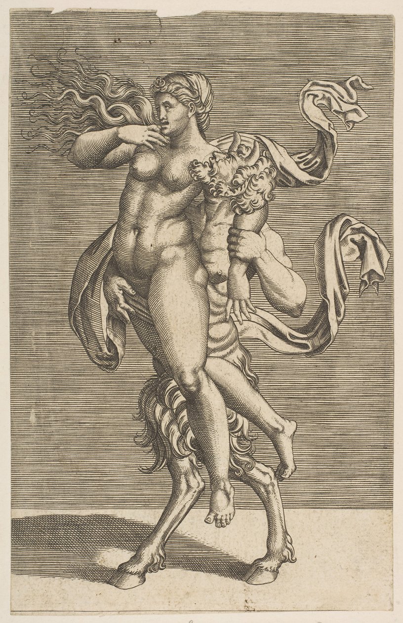 Satyr يحمل حورية تقيد ذراعها الأيمن ، كاليفورنيا. 1515-1600. بواسطة غير معروف