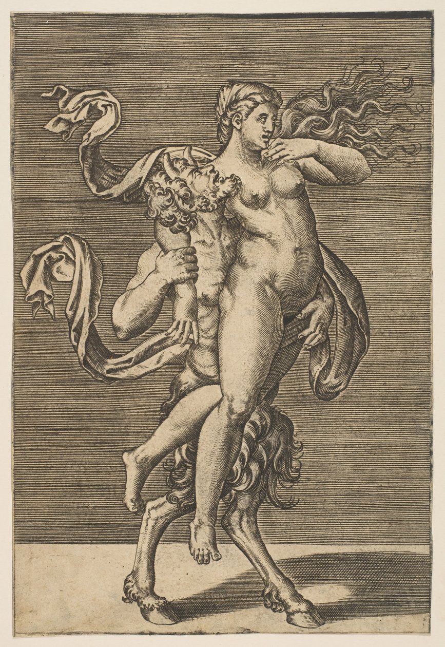 Satyr يحمل حورية تقيد ذراعها الأيمن ، كاليفورنيا. 1515-1600. بواسطة غير معروف