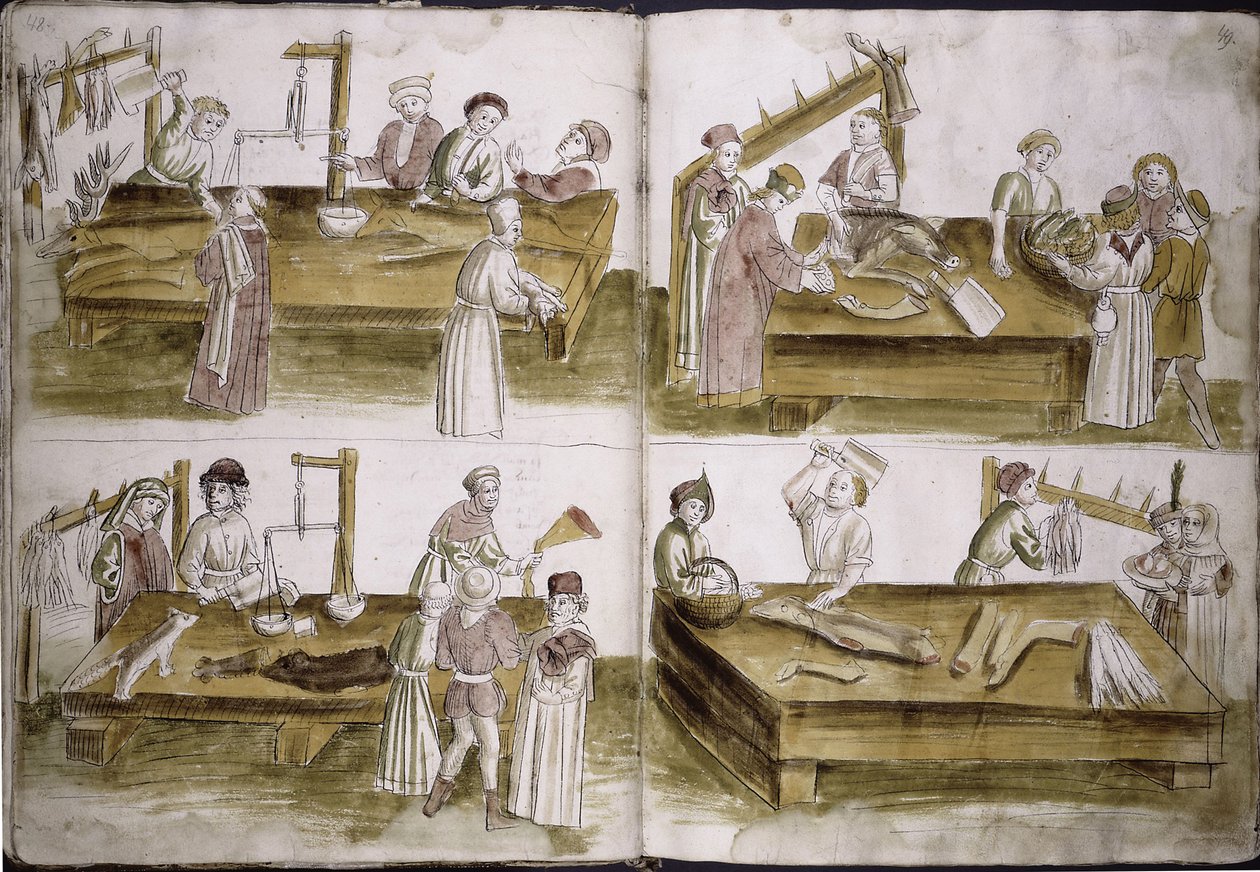 مشهد من حياة السوق مع الجزارين من: Ulrich Richental Chronicle of the Constance، 1414-1418 بواسطة غير معروف