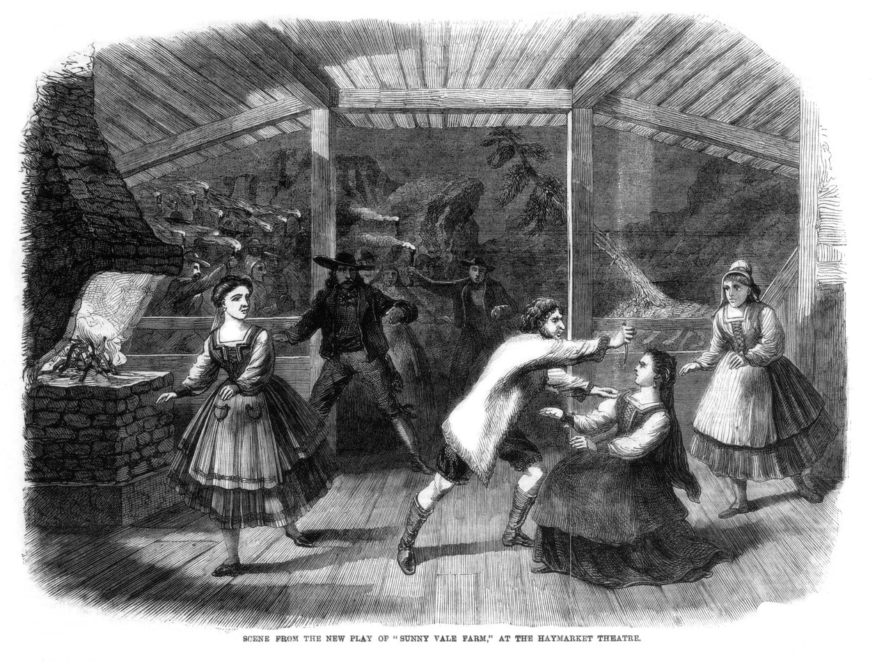 مشهد من مسرحية Sunny Vale Farm ، تم تقديمه في مسرح Haymarket ، لندن ، 1864 بواسطة غير معروف