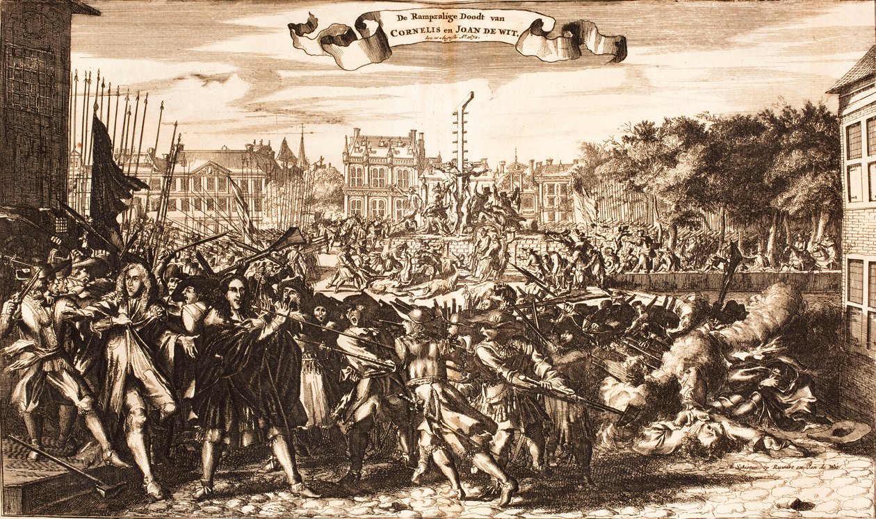 مشهد من الحشد يقتل كورنيليس ويوهان دي ويت ، لاهاي ، 20 أغسطس 1672 ، 1675. بواسطة غير معروف
