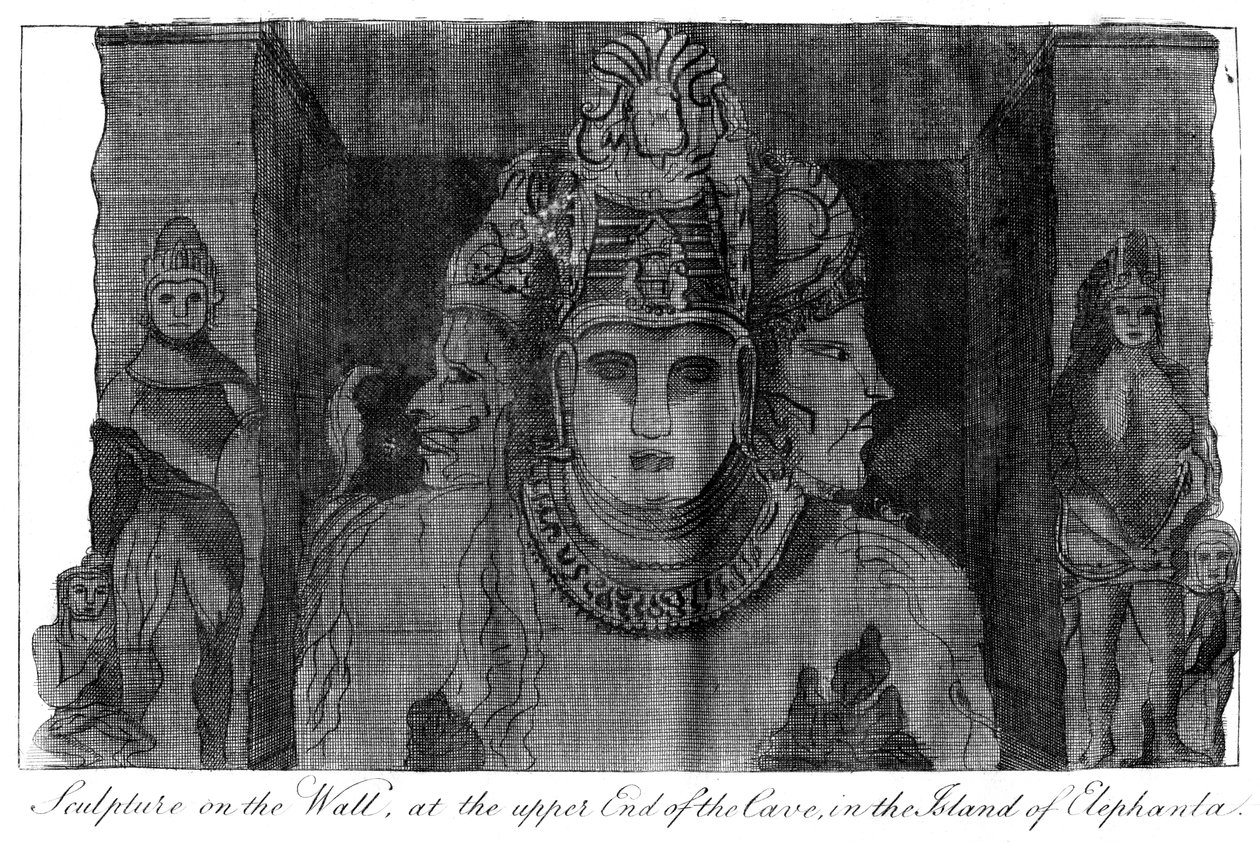 النحت على الحائط في الطرف العلوي من الكهف ، جزيرة إليفانتا ، الهند ، 1799 بواسطة غير معروف