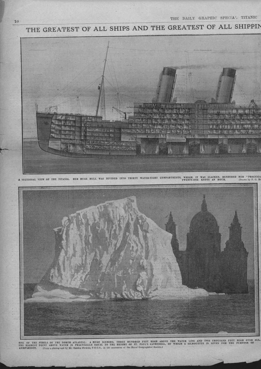 رسم بياني مقطعي لتايتانيك وجبل جليدي ، 20 أبريل 1912. بواسطة غير معروف