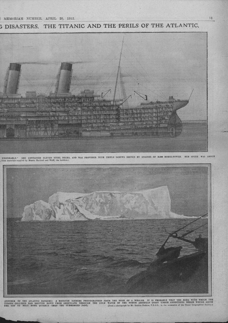 رسم بياني مقطعي لتايتانيك وجبل جليدي ، 20 أبريل 1912. بواسطة غير معروف