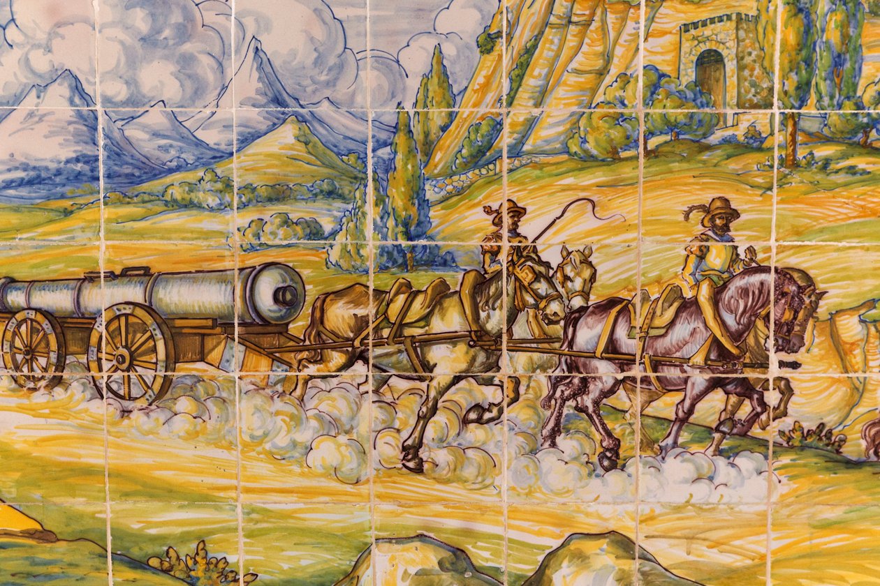 Segovia, Segovia Province, Spain. Modern ceramic tile painting of 16th century artillery piece being drawn by horses. (photo) بواسطة غير معروف