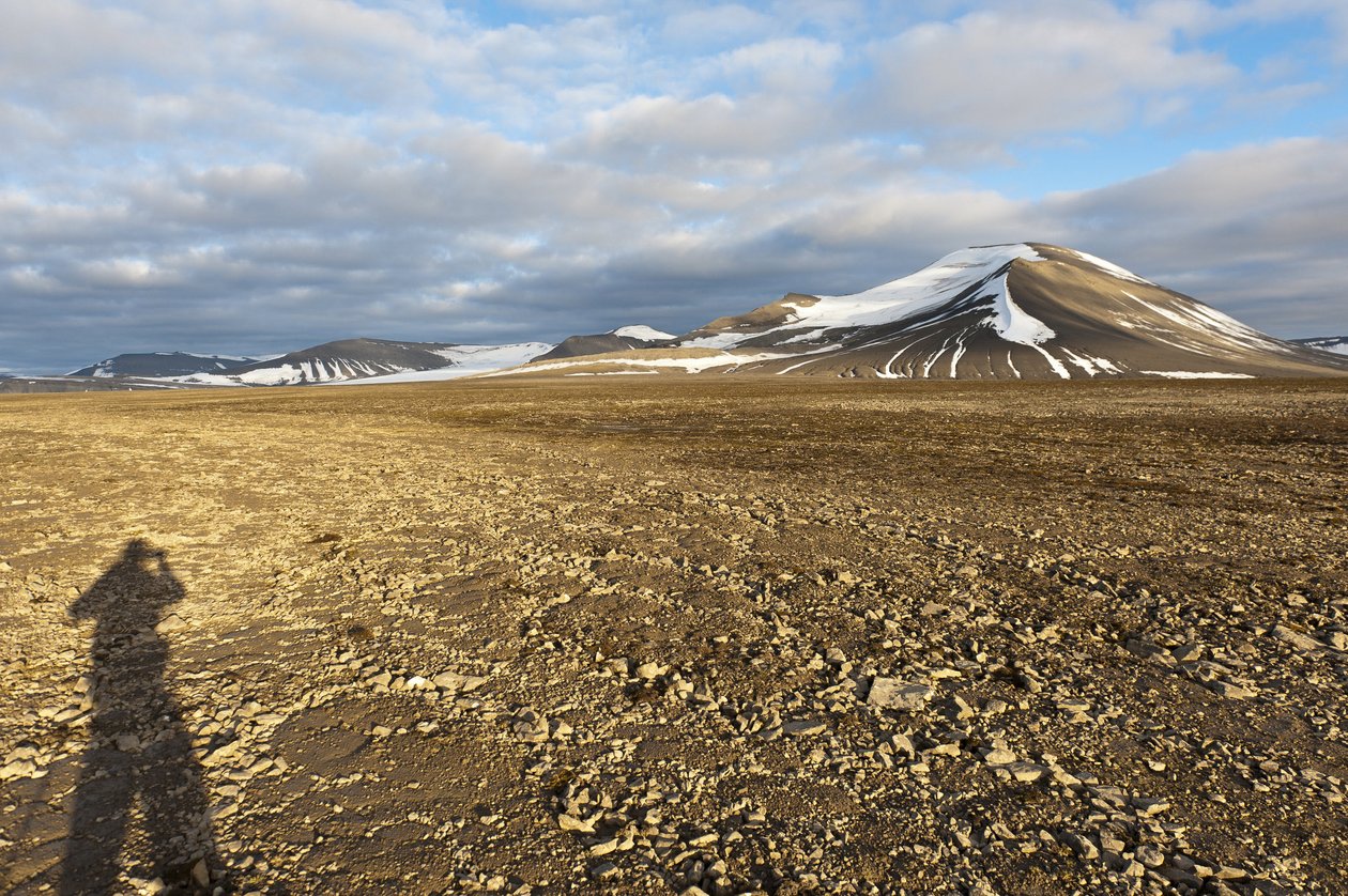ظل تربة هيكلية بشرية متعددة الأضلاع على Plataberget ، قمة مغطاة بالثلوج Nordenskjoeldfjellet في الخلف ، بالقرب من Longyearbyen ، Spitsbergen ، سفالبارد ، النرويج ، أوروبا بواسطة غير معروف