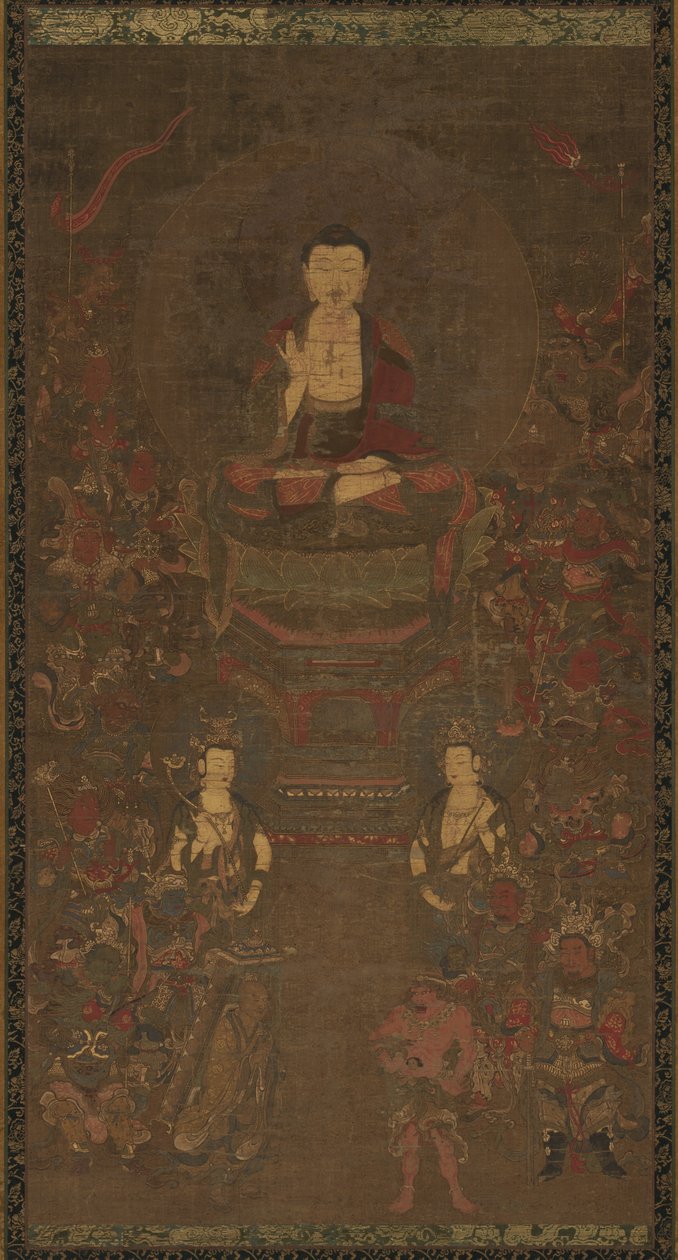 Shakyamuni Triad مع ستة عشر حماة للحكمة الكبرى سوترا ، 1300. بواسطة غير معروف