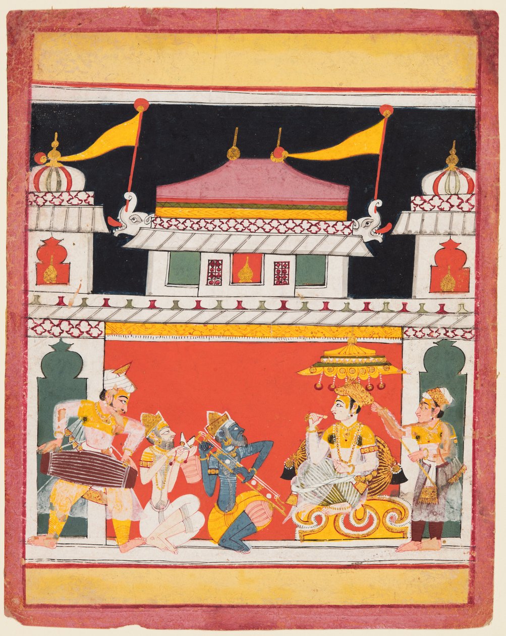 شري راجا ، من سلسلة Ragamala ، ثلاثة موسيقيين يؤدون قبل نبيلة ، ج. 1650. بواسطة غير معروف
