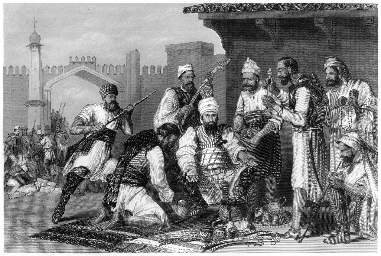 قوات السيخ تقسم الغنائم المأخوذة من المتمردين ، 1857 ، c1860 بواسطة غير معروف