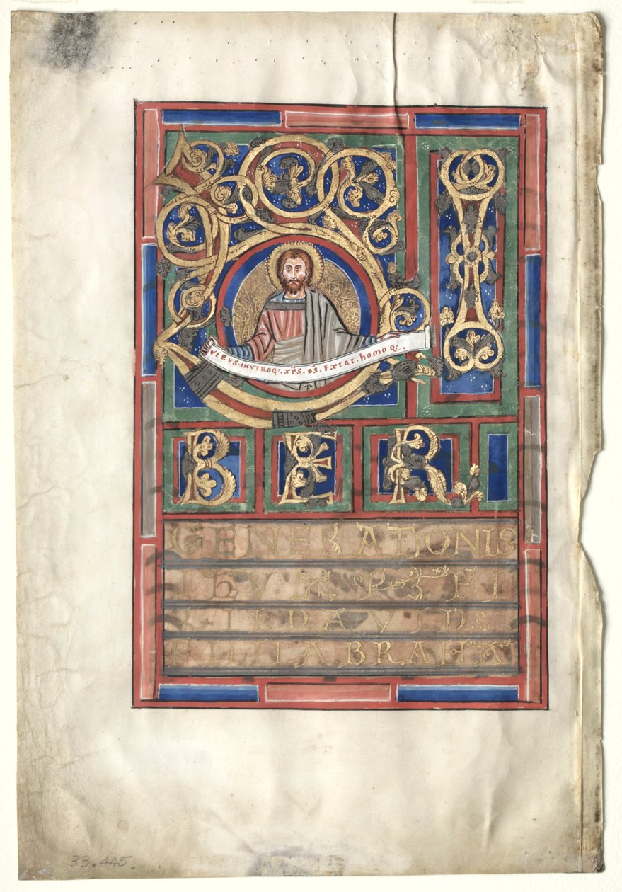 ورقة واحدة مستثناة من كتاب الإنجيل مع L الأولي [iber Genis]: St. Matthew verso، c1190 بواسطة غير معروف