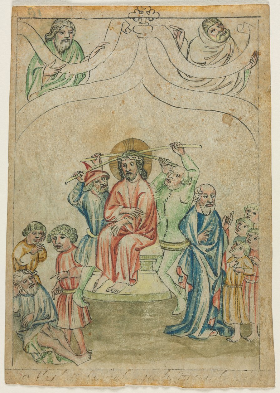 ورقة واحدة من Biblia Pauperum: المسيح يحمل الصليب مقابل ، ج. 1410. بواسطة غير معروف