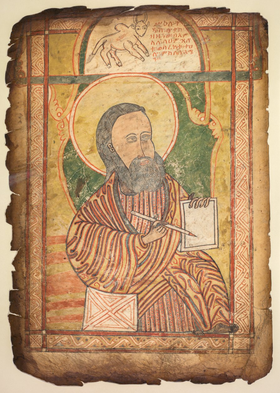 ورقة واحدة من كتاب الإنجيل مع صورة القديس لوقا ، ج. 1440-1480. بواسطة غير معروف