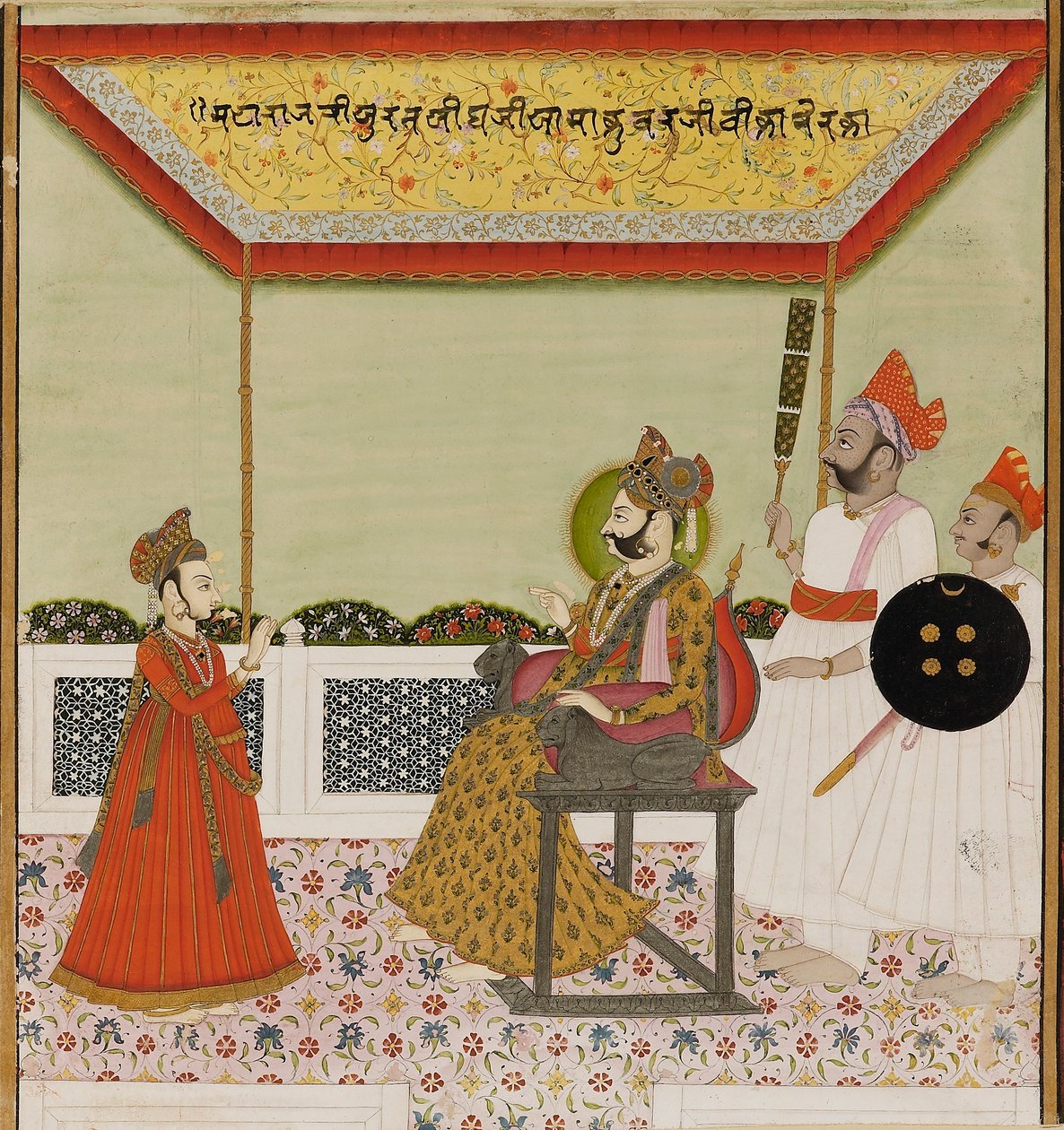 سورات سينغ يجلس على عرش مسلح بالأسد ويستقبل ابنه الصغير عام 1800 بواسطة غير معروف