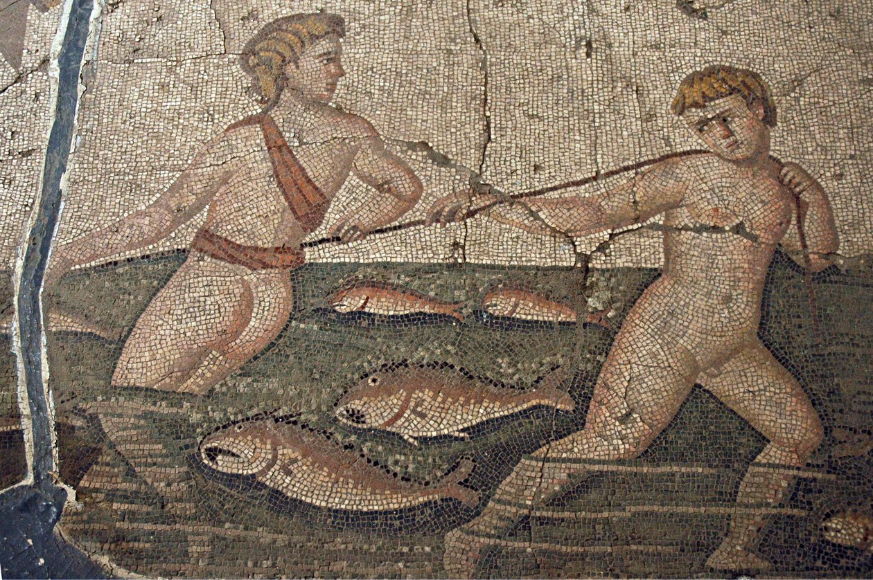 فسيفساء Thalasse و Nude Fishermen من فاكتو ، التفاصيل ، تركيا ، بواسطة غير معروف