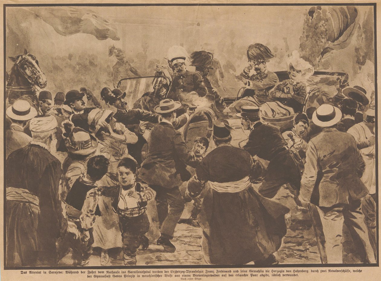 اغتيال الأرشيدوق فرانز فرديناند النمساوي وزوجته في سراييفو في 28 يونيو 1914. بواسطة غير معروف