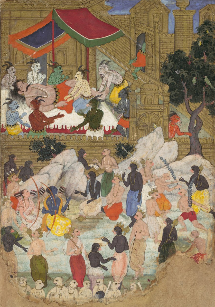 صحوة كومبهاكارنا في مدينة لانكا الذهبية ، فوليو من رامايانا ، كاليفورنيا. 1605. بواسطة غير معروف