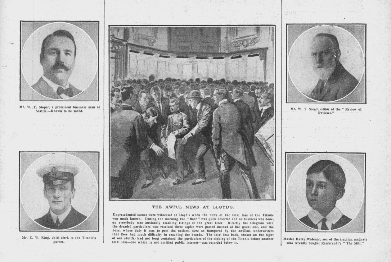 The Awful News at Lloyds ، مع صور لبعض من على متن تيتانيك ، 20 أبريل 1912. بواسطة غير معروف