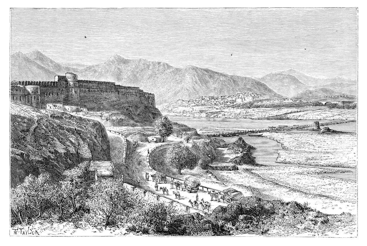 قلعة أتوك وجسر من القوارب فوق نهر السند ، باكستان ، 1895 بواسطة غير معروف