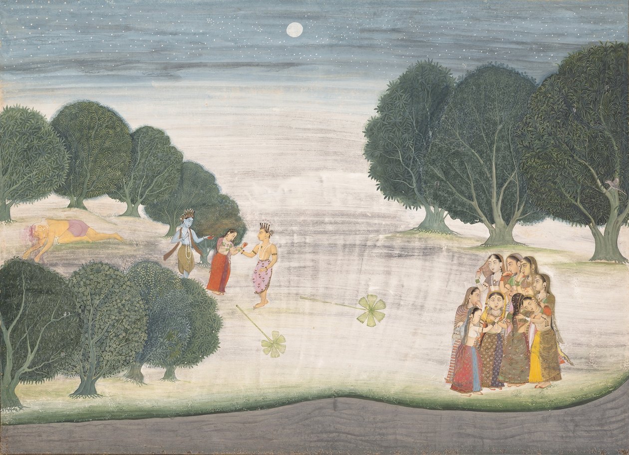 وفاة الشانكاتشورا العملاقة: صفحة من Bhagavata Purana المتفرقة ... 1680-90. بواسطة غير معروف