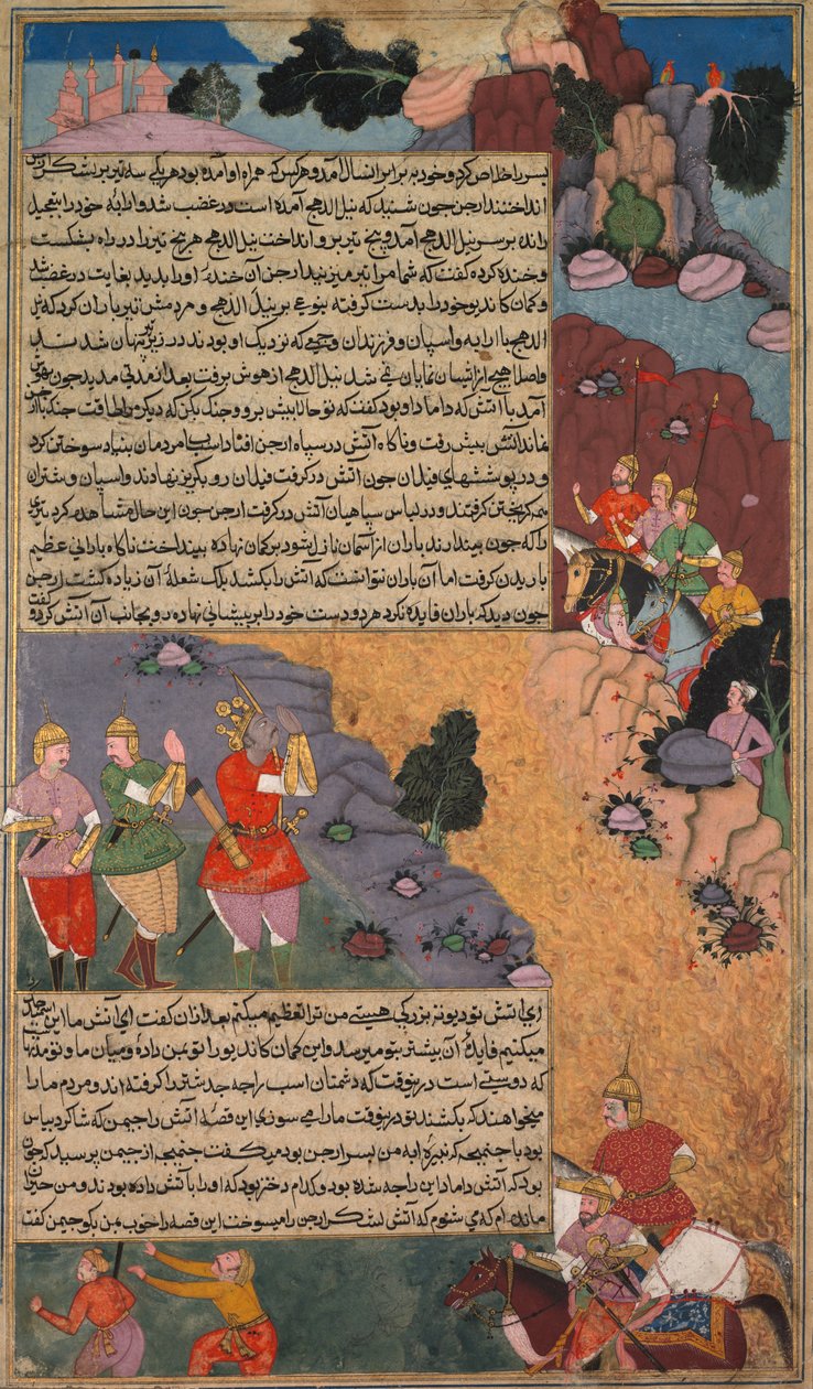 المغامرة الأولى للحصان الأبيض ، صفحة من خان خانان رازم نماء ... ، ج. 1610-17. بواسطة غير معروف