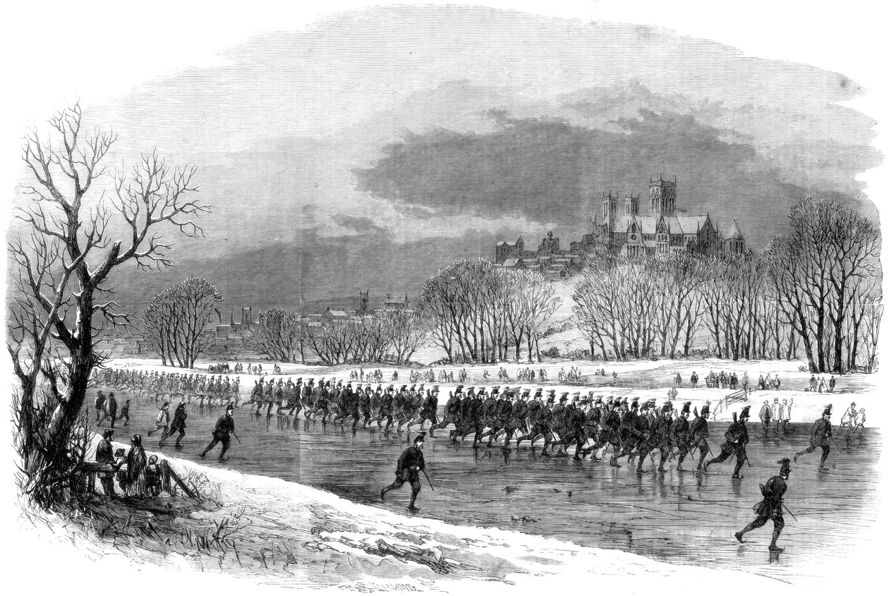 أول متطوعين في بندقية لينكولنشاير يسيرون في نهر Witham على الزلاجات ، 1861 بواسطة غير معروف