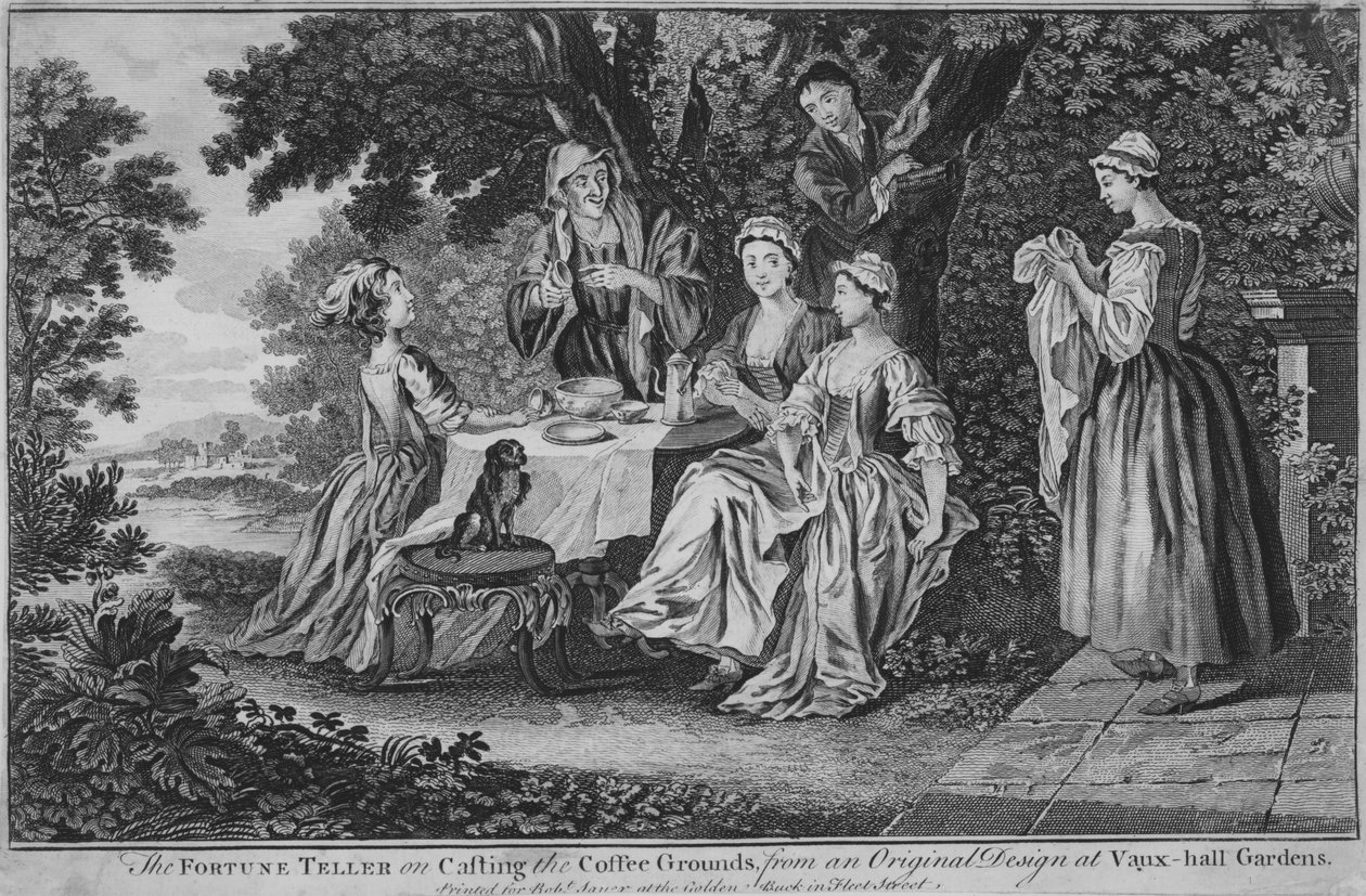The Fortune Teller on Casting the Coffee Grounds ، من تصميم أصلي في Vaux-hall ... ، 1748-60. بواسطة غير معروف