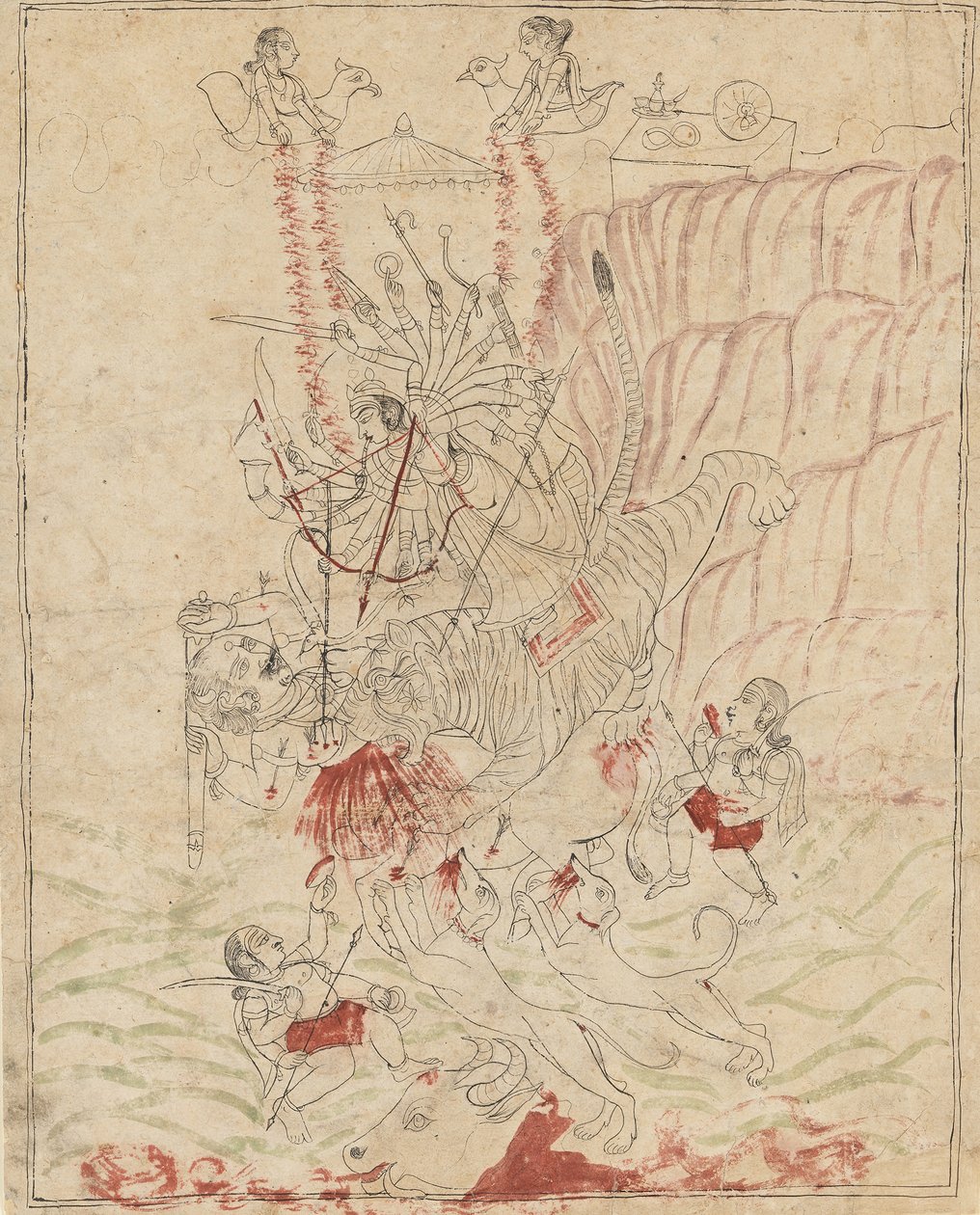 الآلهة دورجا تقتل شيطان الجاموس ، ماهيشا ماهيشاسورا مارديني ، كاليفورنيا. 1760. بواسطة غير معروف