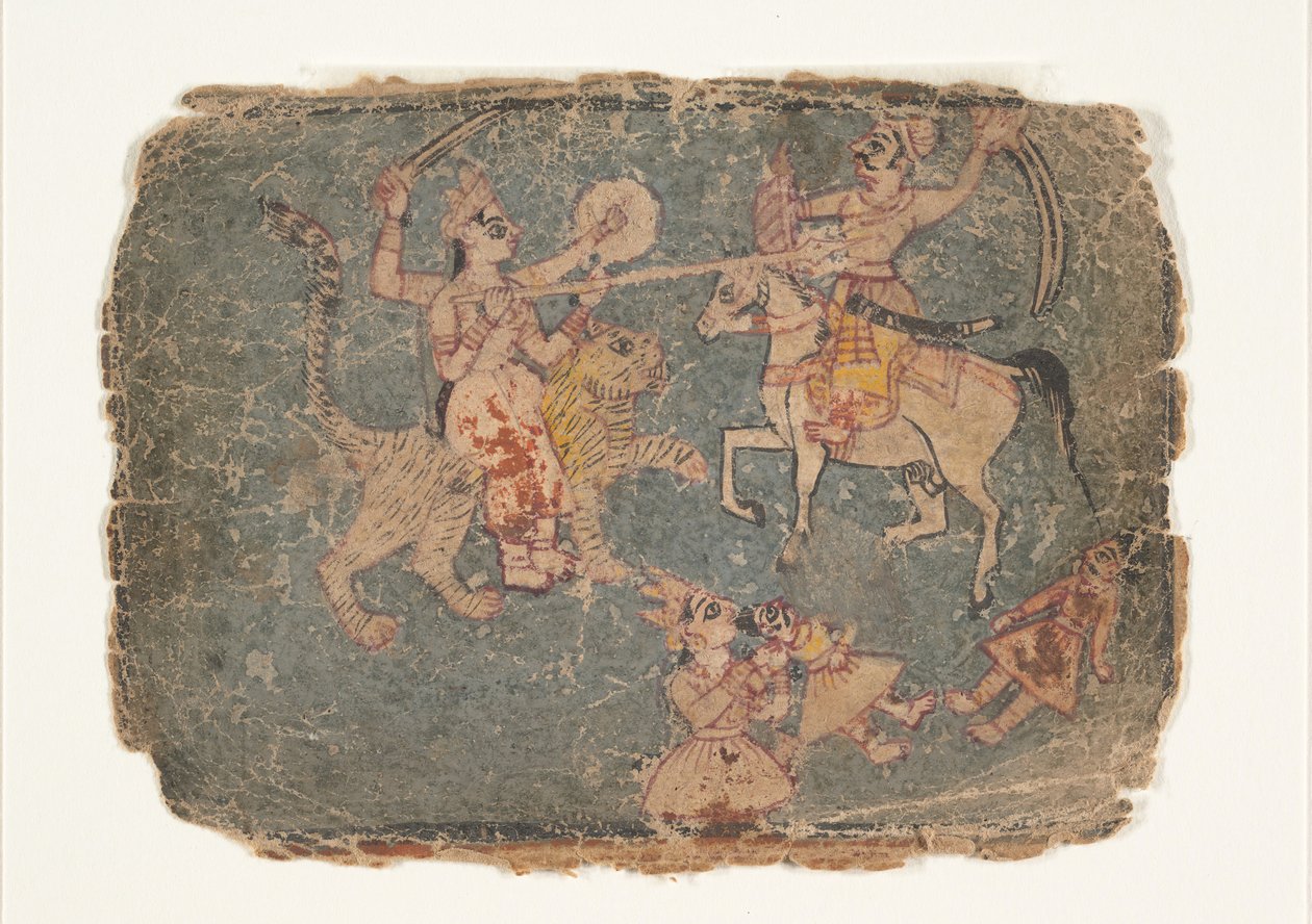 الآلهة دورجا تقتل عدوًا ، صفحة من ماركاندييا بورانا المشتتة ... ، 1650-60. بواسطة غير معروف