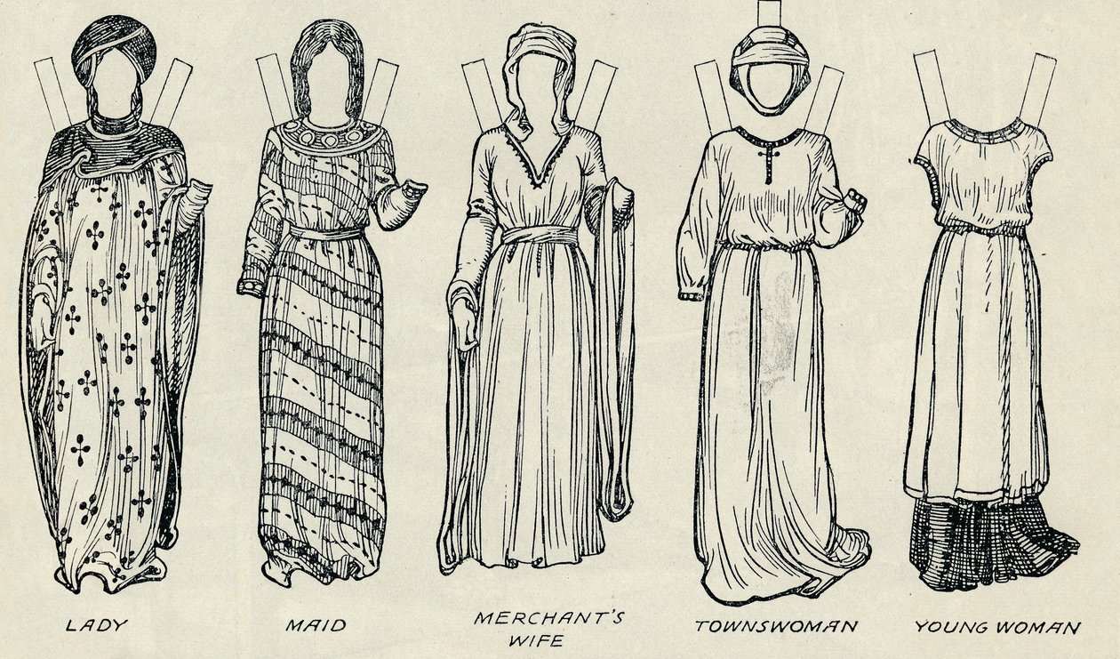المعرض الكبير للزي البريطاني: فساتين متنوعة يتم ارتداؤها في نورمان تايمز ، c1934 بواسطة غير معروف
