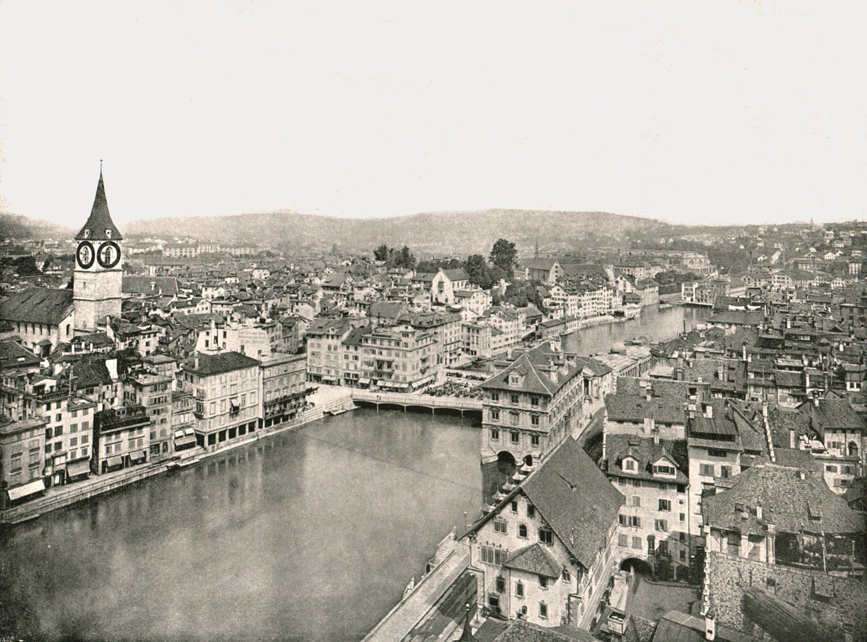 The Grosse Stadt and Kleine Stadt مقسومًا على نهر Limmat ، زيورخ ، سويسرا ، 1895. بواسطة غير معروف