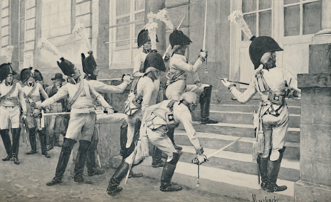 الحارس النبيل البروسي يشحذ سيوفه على خطوات السفارة الفرنسية في برلين ، 1896 بواسطة غير معروف