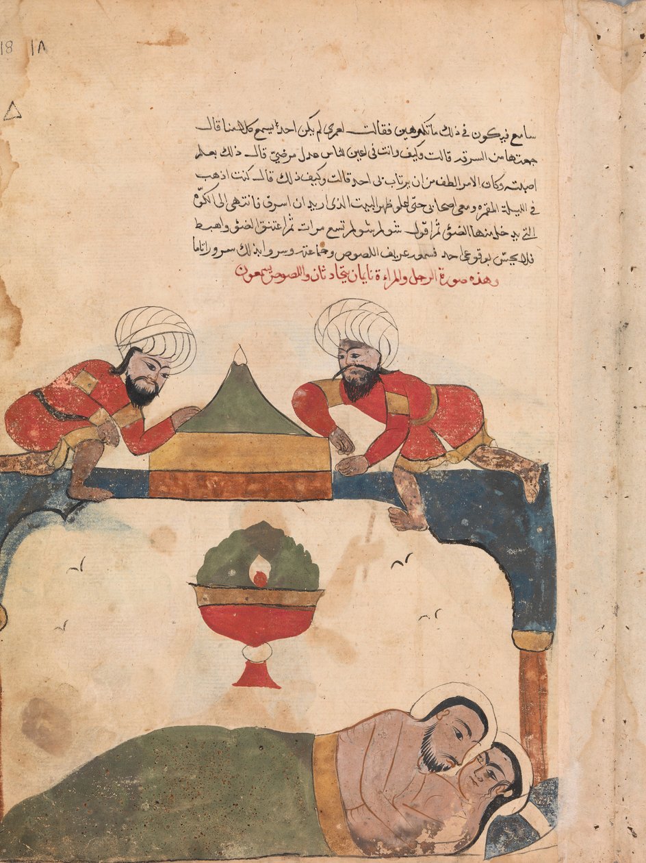 اللصوص على السطح أيقظوا التاجر ، فوليو من كليلة ودمنة ، القرن الثامن عشر. بواسطة غير معروف